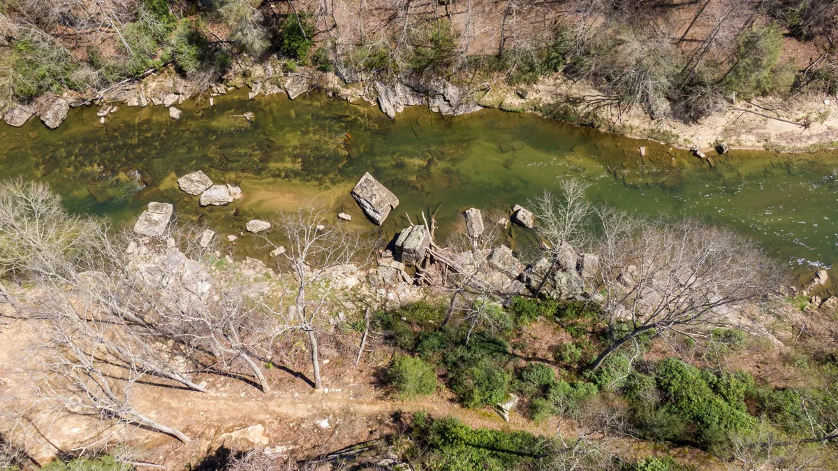 A serene view of a river flowing past rocks and bare trees, with lush greenery in the background. The peaceful riverbank invites quiet walks and moments of reflection in nature.