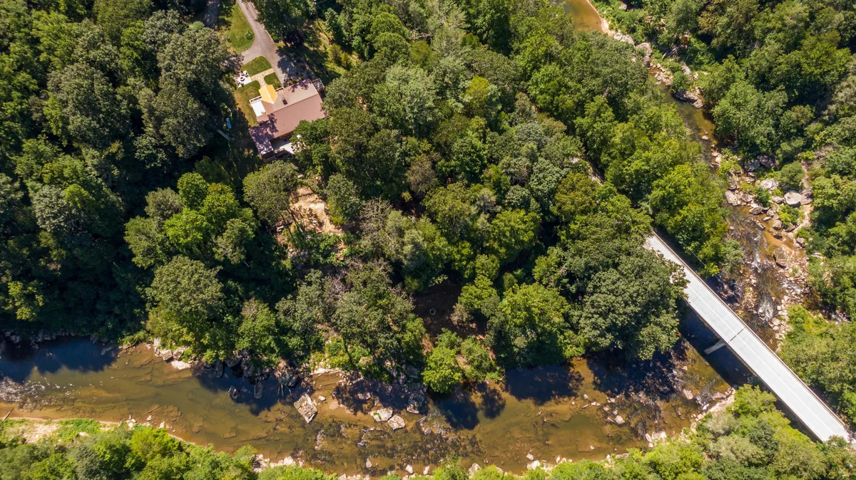 A serene view of the house nestled among trees, with the sparkling river and a charming bridge visible in the foreground. The landscape is lush and expansive, capturing the essence of an open, natural retreat ideal for pets to roam and explore.